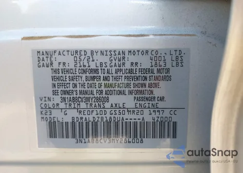 2021 Nissan Sentra Sv Xtronic Cvt из США, поврежденный, VIN 3N1AB8CV3MY286008